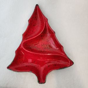 Vintage Atlantic Mold Ceramic Christmas Tree Tray Speckled Red 1974 Candy Dish
